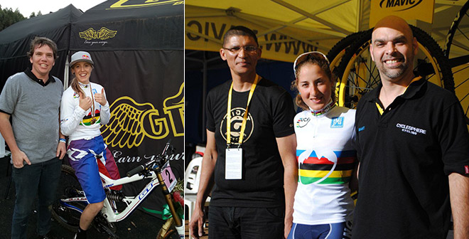 Johan Maree pictured with Rachel Attherton, womans downhill winner and Greg Albert with Julie Bresset